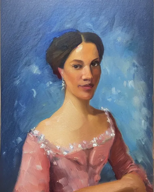 Prompt: an oil painting portrait of a woman in a starry blue gown