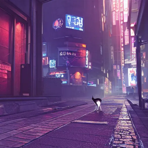 Prompt: cat walking down the street of a cyberpunk city at night, 3d render, Unreal Engine, octane render, ray tracing, Unity, highly detailed, high quality, HD, 4k, 8k, realistic, sharp, no blur, edited, corrected, trending