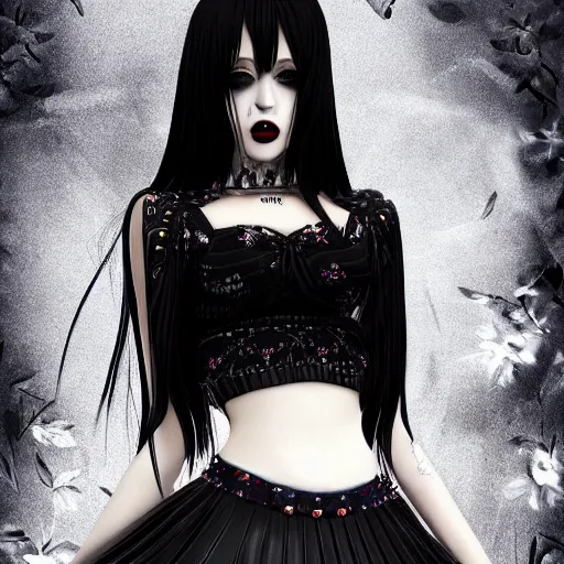 Image similar to kerli koiv animel goth girl in mini skirt and crop top intricate, extremely detailed, photograph, photorealistic, 8 k sensual lighting, incredible art, l