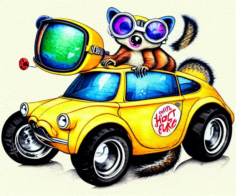 Image similar to cute and funny, racoon wearing goggles driving a tiny hot rod with an oversized engine, ratfink style by ed roth, centered award winning watercolor pen illustration, isometric illustration by chihiro iwasaki, edited by craola, tiny details by artgerm and watercolor girl, symmetrically isometrically centered