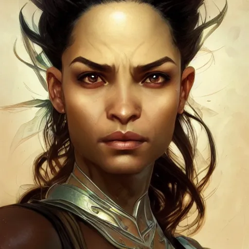 Image similar to beautiful, strong, mixed race, female, aged 4 0, face, head shot, fantasy, highly detailed, digital painting, artstation, concept art, smooth, sharp focus, illustration, art by artgerm and greg rutkowski and alphonse mucha