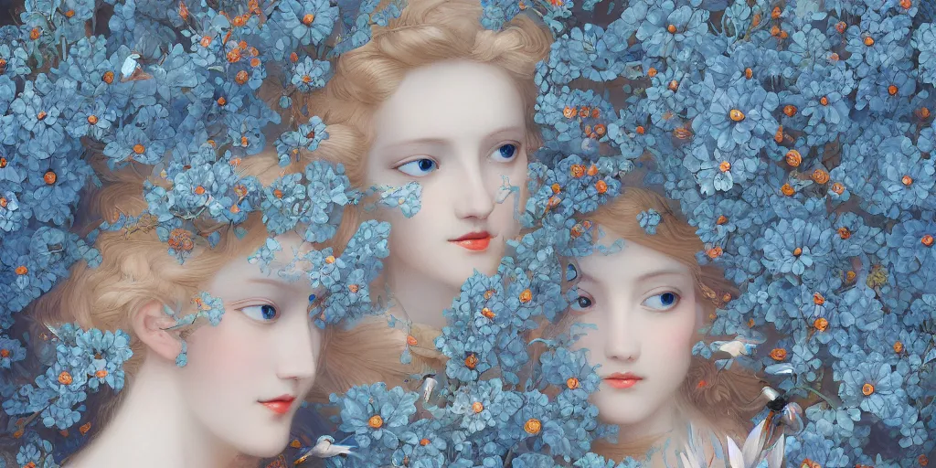 Image similar to breathtaking detailed concept art painting art deco pattern of blonde faces goddesses amalmation light - blue flowers with anxious piercing eyes and blend of flowers and birds, by hsiao - ron cheng and john james audubon, bizarre compositions, exquisite detail, extremely moody lighting, 8 k