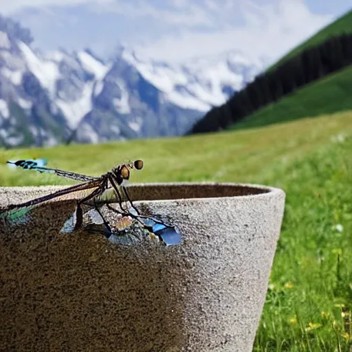 Image similar to dragonfly in a bathtub in the alps, sheep!!! in background