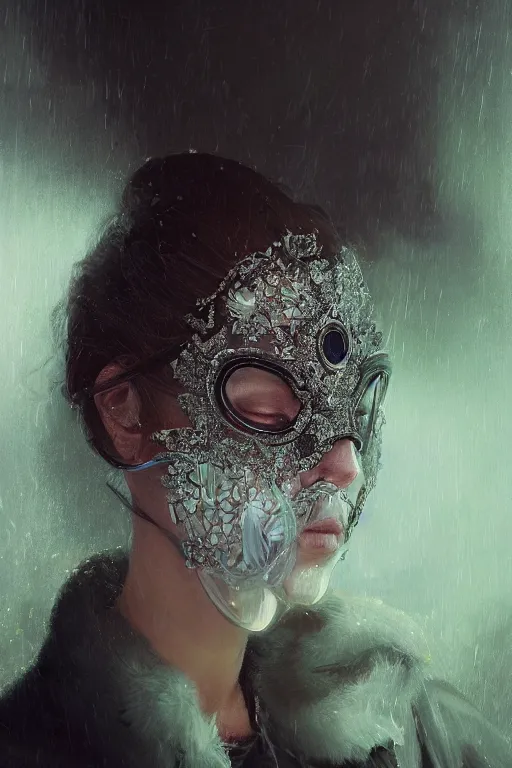 Image similar to A fancy portrait of a women wearing a lower face crystal mask by Greg Rutkowski, beeple, Sung Choi, Mitchell Mohrhauser, Maciej Kuciara, Johnson Ting, Maxim Verehin, Peter Konig, final fantasy, macro lens, 35mm, 8k photorealistic, cinematic lighting, HD, high details, dramatic, dark atmosphere, trending on artstation