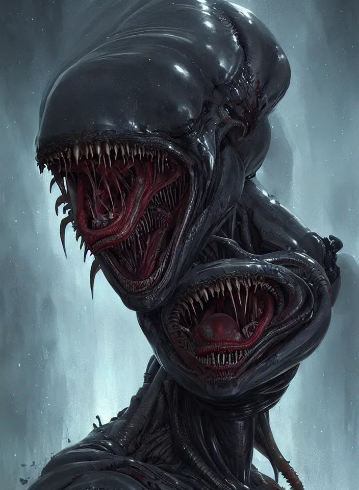 Image similar to a face portrait of a creature invoking fear, art by greg rutkowski, alien xenomorph, horror setting, dark lighting, matte painting, trending on artstation, very detailed