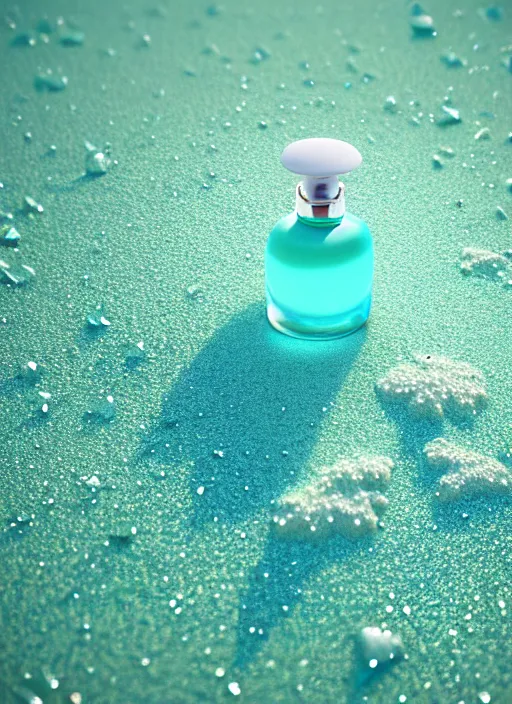 Prompt: perfume bottle covered in seafoam, white glittering sand, and corals, up close shot, sharp focus, global illumination, radiant light, alexandre ferra white, irakli nadar, octane highly render, 4 k, ultra hd,