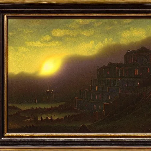 Image similar to dark solar eclipse, above a village, highly detailed, studio 4 k quality, by carl gustav carus