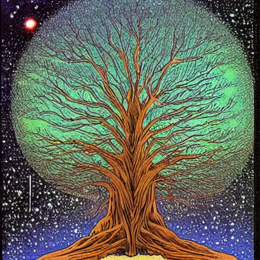 Image similar to a large tree rooted in a galactic crystal floating in space, by moebius