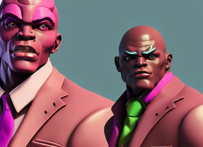 Image similar to doomfist, pink blazer, overwatch game, digital art, high detailed, artstation, octane render