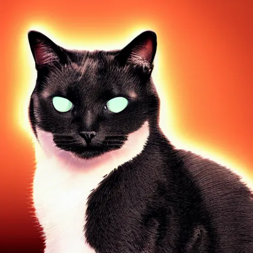 Image similar to a cat, glowing inferno eyes,black background, hyper realistic