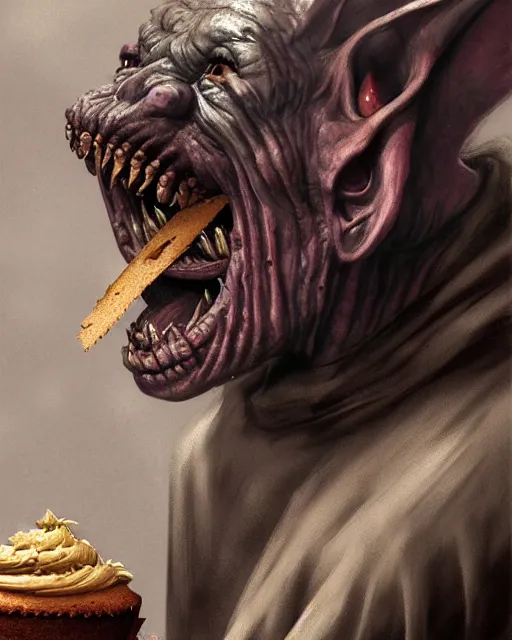 Image similar to closeup profile face portrait of a medieval goblin eating cakes in the cloisters, beautiful face, hyper realistic, highly detailed, digital painting, artstation, illustration, concept art by hyung tae, frank frazetta, bosch, giger, digital paint, matte paint, washed colors, dark, gloomy, detailed and intricate environment