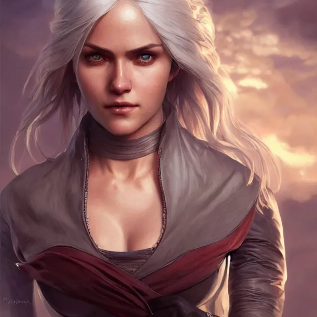 Prompt: cirilla wearing tight in chest shirt, ultra realistic, pretty face, extremely detailed face, anatomically correct, symmetrical, concept art, intricate details, highly detailed, photorealistic, octane render, 8 k, unreal engine. art by artgerm and greg rutkowski and alphonse mucha