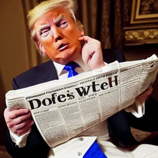 Image similar to donald trump sitting on a toilet with his pants down, he is looking at a newspaper.