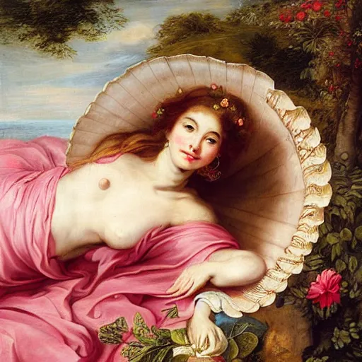 Prompt: an ultradetailed mythological oil painting of a beautiful woman with long brown hair, full body, wearing pink floral gown, lying asleep inside a giant scallop shell, near the seashore, intricate lines, elegant, renaissance style, by peter paul rubens