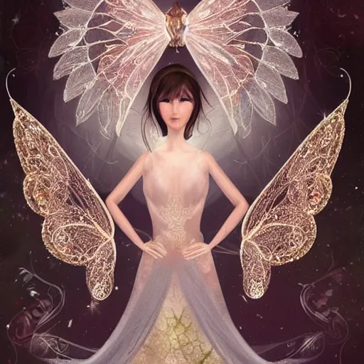 Image similar to pair of fairy wings with an intricate couture chandelier inspired accent design full of swirls, hanging crystals, artstation trending, cgsociety