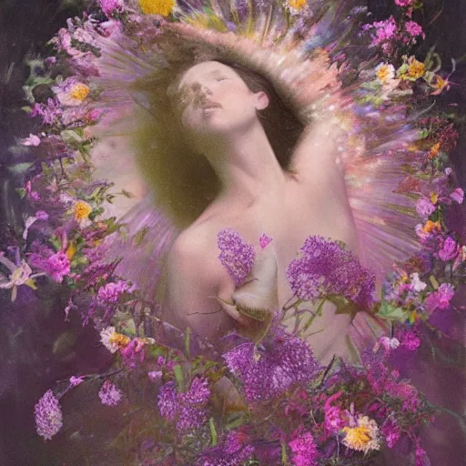 Prompt: This experimental art is a large canvas, covered in a wash of color. In the center is a cluster of flowers, their petals curling and twisting in on themselves. The effect is ethereal and dreamlike, and the overall effect is one of serenity and peace. comic book art by Thomas Benjamin Kennington peaceful