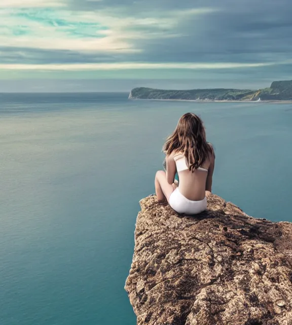 Image similar to a 4 k photorealistic photo of a girl sitting on a cliff overlooking a beach