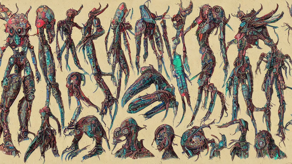 Image similar to aged paper, concept art, colorful character sheet for a male extraterrestrial cyborg multiple - eyes insect - headed warlord, retrofuture, fantastic planet, moebius, valerian, coherent, illustration, digital art, trending on artstation, hd, 8 k, good lighting, beautiful, rough paper, masterpiece