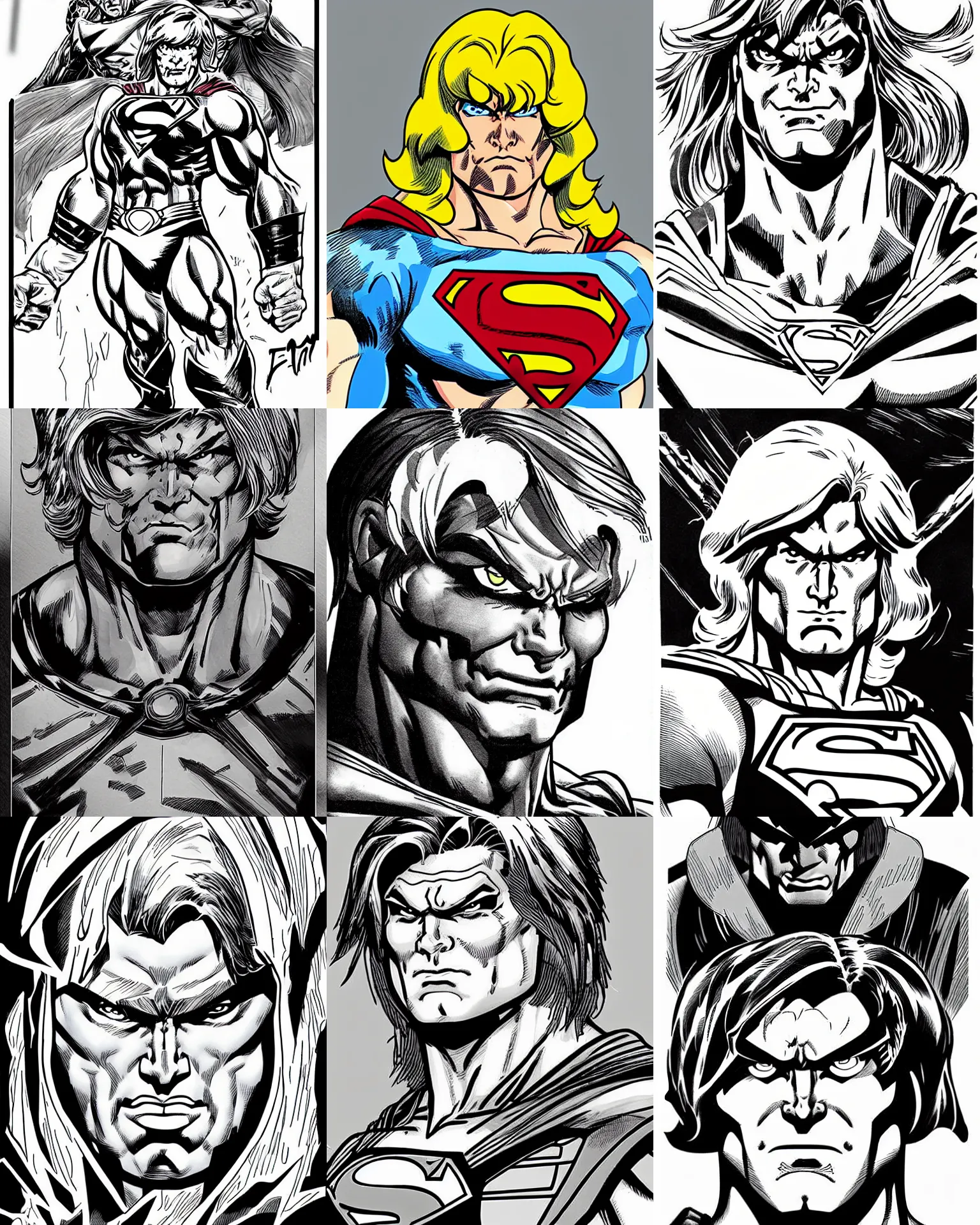 Prompt: he - man!!! jim lee!!! face shot!! flat ink sketch by jim lee face close up headshot mid - long hair superman costume in the style of jim lee, x - men superhero comic book character by jim lee