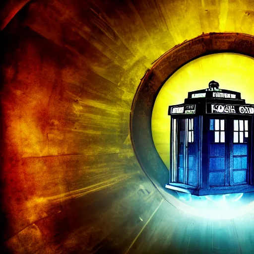 Image similar to Steampunk Tardis floating in vortex, cloudy, sparks, yellow, cinematic, highly detailed