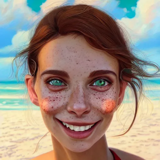 Image similar to portrait of a cute thin young woman, bronze brown hair, eye color is emerald green, red blush, cute freckles, smug smile, modern clothes, relaxing on the beach, golden hour, close up shot, 8 k, art by irakli nadar, hyperrealism, hyperdetailed, ultra realistic