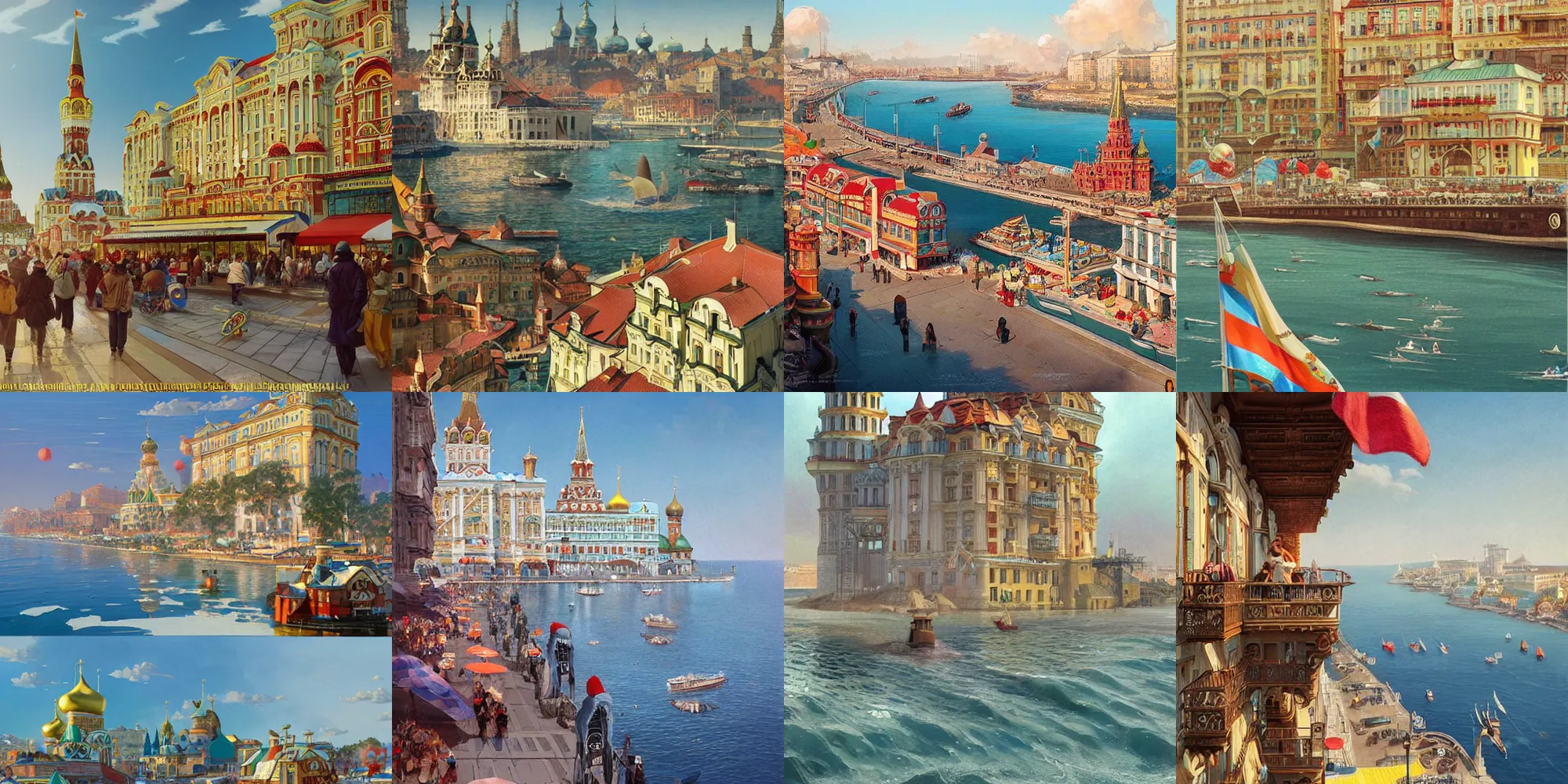 Prompt: russian city on the sea, view from the eyes on the street, a wonderful future, retro architecture, a crowd of adults and children, holiday, joy, a clear day. highly detailed, digital painting, artstation, concept art, matte, sharp focus, illustration, art by artgerm and greg rutkowski and alphonse mucha