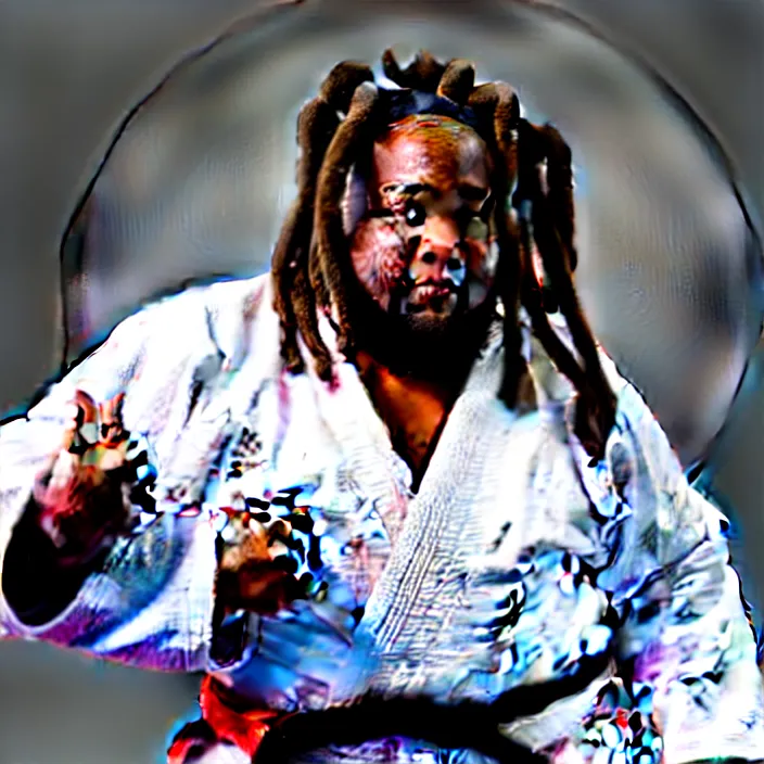 Prompt: photo of an overweight black man with dreads wearing a gi, doing martial arts, 4 k