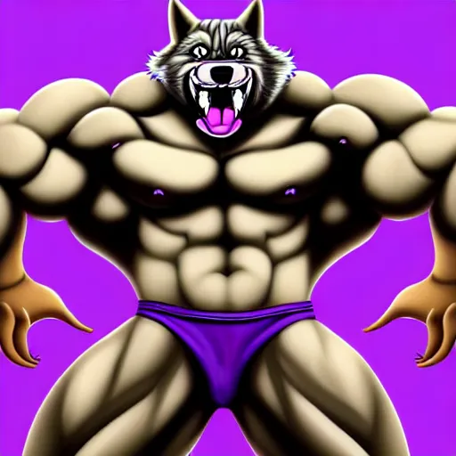 Image similar to painting of an anthropomorphic bulky muscular purple wolf, furry style, wearing jeans, deviant art, fursona, professional furry drawing, insanely detailed, bulky wolf - like face with dragon features, doing a pose from jojo's bizarre adventure, detailed veiny muscles, exaggerated features, beautiful shading, huge teeth, grinning, colorful background