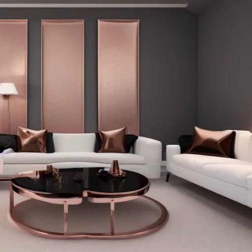 Image similar to 3 d render of white living room with rose gold metallic accents