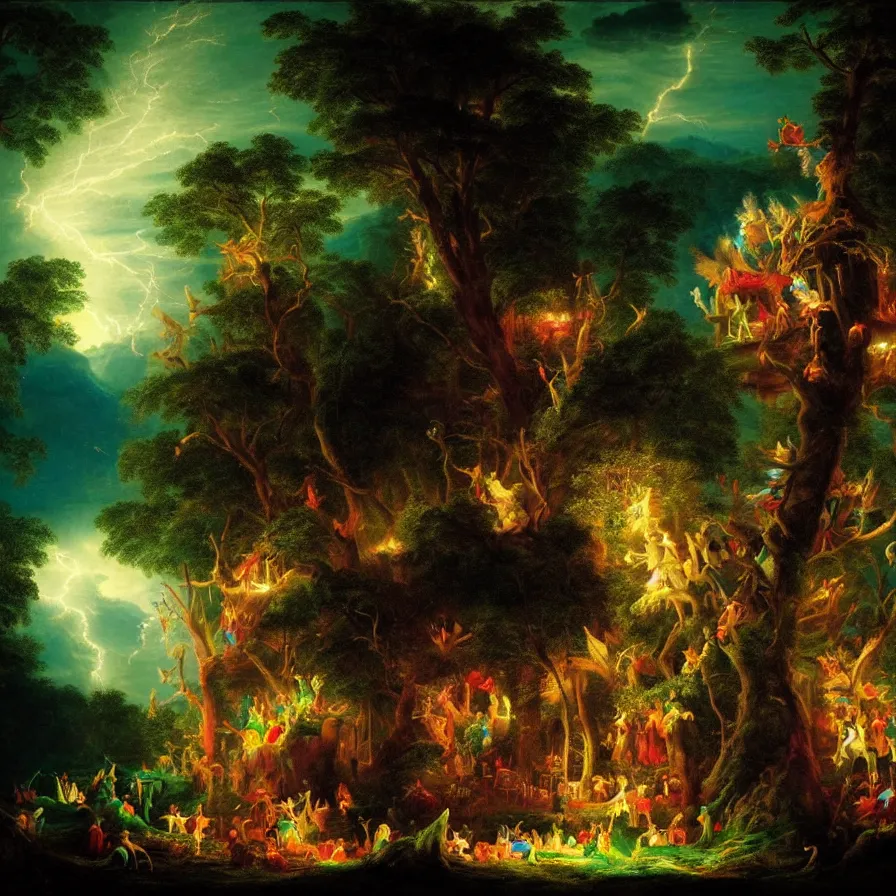 Prompt: closeup of a night carnival inside a tree cavity in a magical forest in the middle of a summer storm, with a music scenario with many fireworks and christmas lights, volumetric lightning, instense god rays in the sky, folklore people disguised with fantastic creatures in a magical forest by summer night, masterpiece painted by thomas cole, very coherent and colorful high contrast masterpiece,