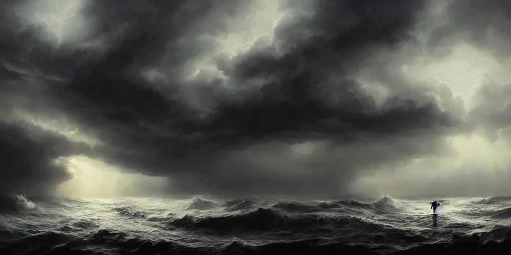 Image similar to Eldrich god rising out of the ocean, hyper realistic oil painting, dark, moody cinematic lighting, creepy, fog, storm clouds, by greg rutkowski, trending on artstation