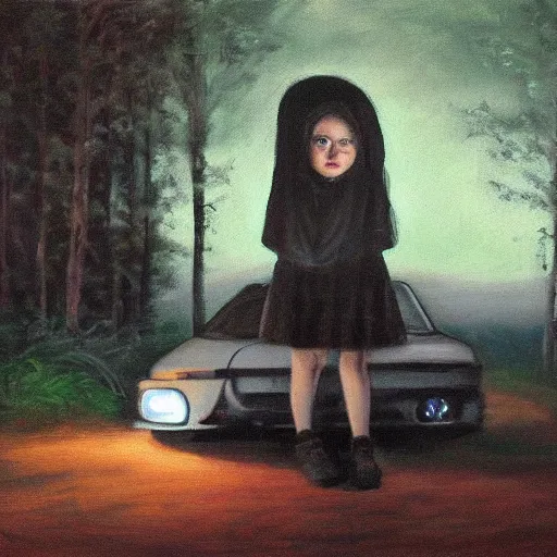 Prompt: A masterpiece oil painting of a girl trapped in a car in the dark woods, the only light visible is the light from the car