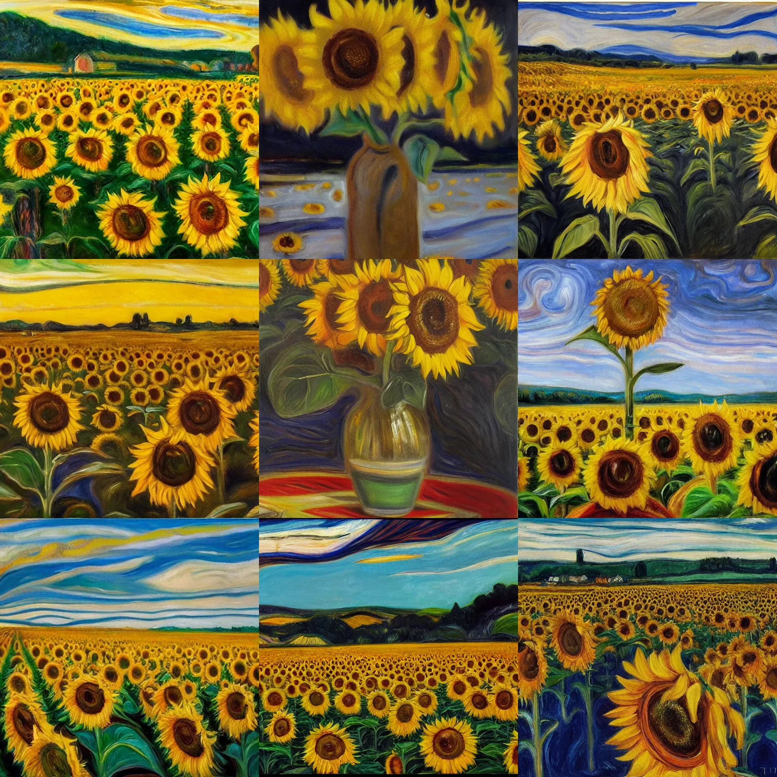 Prompt: Sunflower fields hyperrealistic oil canvas 4k in the style of Edvard Munch