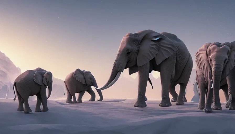 Prompt: A highly detailed matte painting of African elephants wearing battle armor marching in snow mountain landscape by Studio Ghibli, Makoto Shinkai, by Artgerm, by beeple, by Greg Rutkowski, volumetric lighting, octane render, 4K resolution, trending on artstation, masterpiece