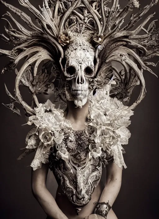 Prompt: a portrait of female by stefan geselle and nekro borja, photorealistic, intricate details, hyper realistic, fantasy, elegant, baroque, horn, ram skull headpiece, photorealistic, photography, symmetrical features, symmetrical pose, wide angle shot, feet on the ground, wearable art, unreal engine, cinematic lighting