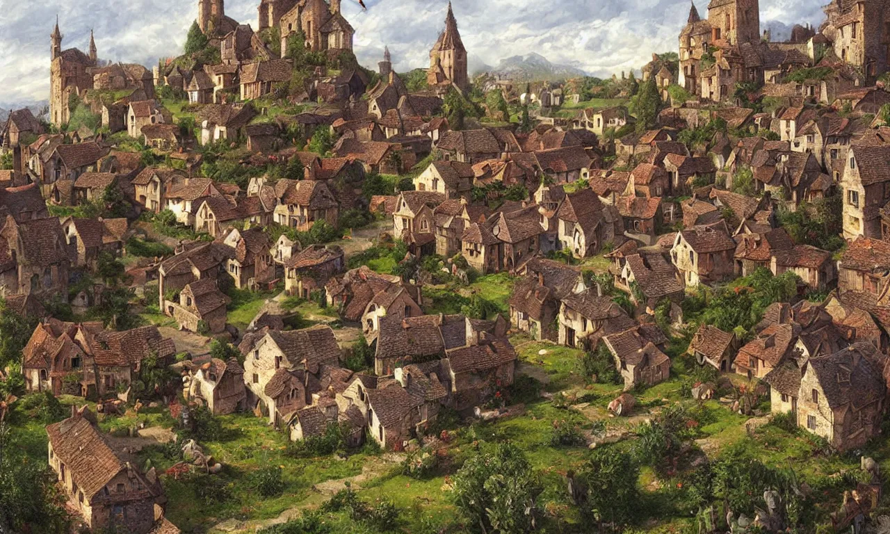 Prompt: beautiful medieval village with a few houses and farms, digital art by James Gurney and John Howe and Alan Lee