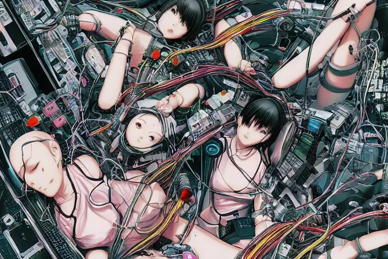 Prompt: cyberpunk anime illustration of a group of female android dolls lying on an empty white background in various poses with their bodies open showing a mess of wires and cables coming out, by katsuhiro otomo and masamune shirow, hyper-detailed, colorful, beautiful, manga, bird view