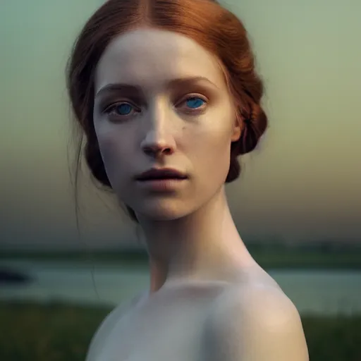 Image similar to photographic portrait of a stunningly beautiful english renaissance female in soft dreamy light at sunset, beside the river, soft focus, contemporary fashion shoot, in a denis villeneuve and tim burton movie, by edward robert hughes, annie leibovitz and steve mccurry, david lazar, jimmy nelsson, extremely detailed, breathtaking, hyperrealistic, perfect face, octane render