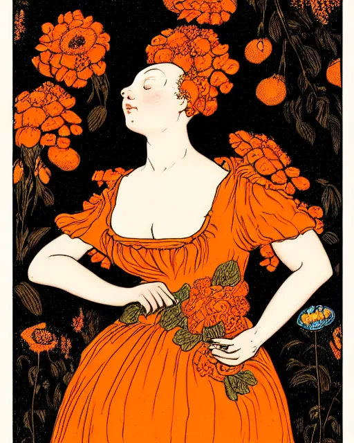 Prompt: illustration of a woman wearing a orange dress with flowers, black hair buns, black background, superflat, pop surrealism, in the style of ford madox brown, flat illustration, intricate details, highly detailed