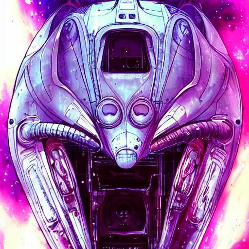 Image similar to spaceship in dark space, sci-fi, cyberpunk, by Stanley Artgerm, Travis Charest, Carne Griffiths, sleek, futuristic, alien, white, blue, purple, trending on artstation, detailed, intricate, steampunk