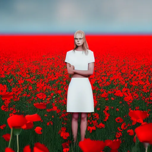 Image similar to a beautiful woman standing next to a field of poppies, dutch, blonde, tall, pretty, atmospheric, epic composition, trending on artstation, octane render