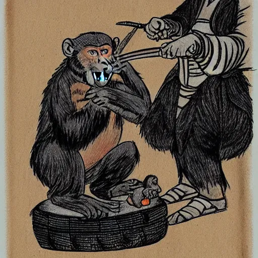 Image similar to a monkey cutting a samurai's hair.