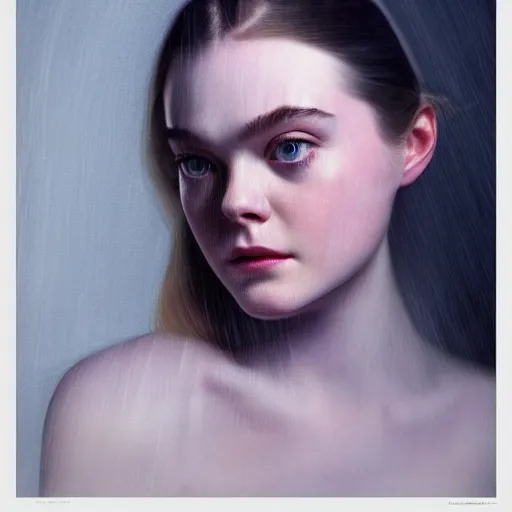 Image similar to Elle Fanning in the style of Paola Vetri, head and shoulders portrait, stormy weather, extremely detailed masterpiece, oil on canvas, low-key neon lighting, artstation, Blade Runner 2049, Roger Deakin’s cinematography, by J. C. Leyendecker and Peter Paul Rubens and Edward Hopper and Michael Sowa,