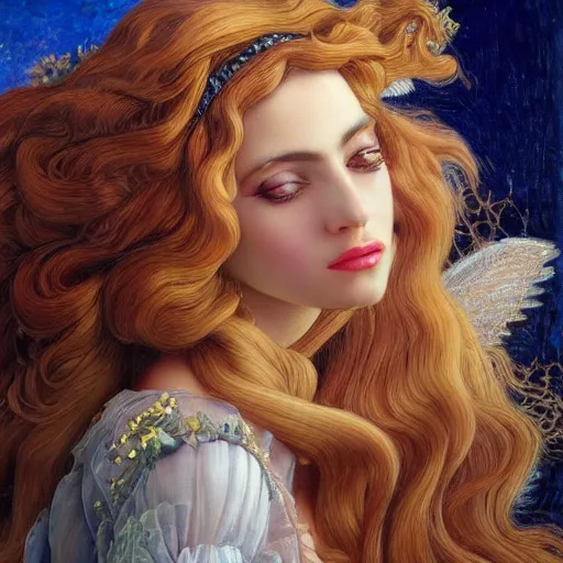 Image similar to photo realistic, hyper realism, lady gaga artpop act ii album, intricate detail, hyper detail, gaston bussiere, sandro botticelli style, with honey light brown rapunzel hair, detailed, masterpiece, sharp focus,