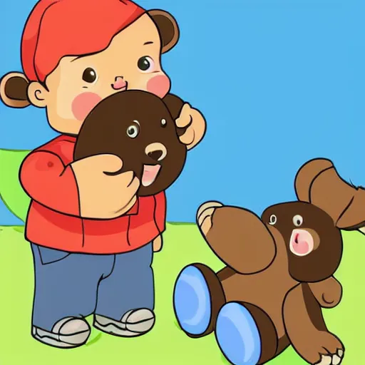 Prompt: bear playing with a baby human doll. cartoon. digital art. high quality. high fidelity