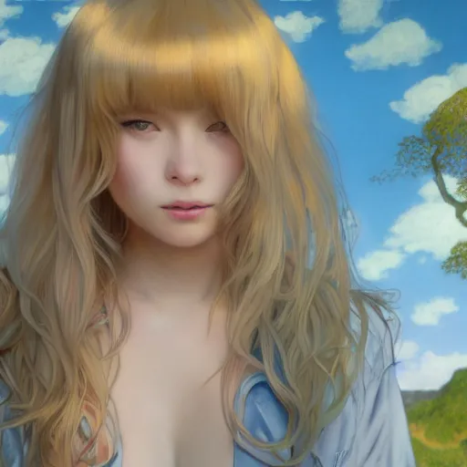 Image similar to A playful young woman with blonde long hair and bangs in shorts and a white blouse and Totoro drawn by Zeronis and Luis Royo and Robert McGinnis and alphonse mucha, background by James Jean and gustav klimt, 4k, sunny day, volumetric lighting, french nouveau, trending on artstation, octane render, hyperrealistic
