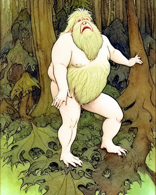 Image similar to a realistic and atmospheric watercolour fantasy character concept art portrait of a short fat chibi albino bigfoot in the forest. by rebecca guay, michael kaluta, charles vess and jean moebius giraud