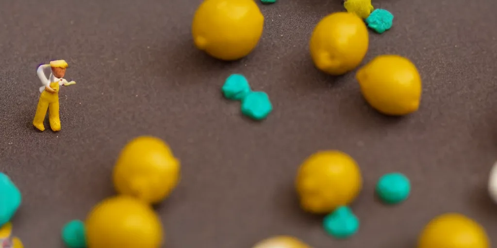 Image similar to a cinematic film still of a claymation stop motion film about a town made of lemons and candy, shallow depth of field, 8 0 mm, f 1. 8