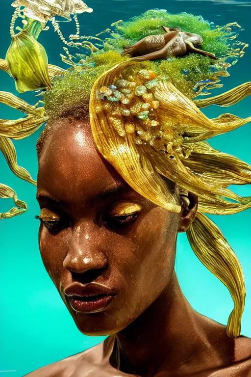 Image similar to hyperrealistic cinematic wide shot of very expressive! translucent!! african goddess, underwater scene with fish and algae, gold jewerly, highly detailed face, digital art masterpiece, eric zener cam de leon, dramatic pearlescent turquoise light on one side, low angle uhd 8 k, shallow depth of field