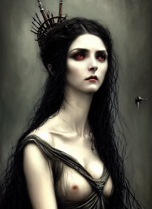 Prompt: portrait of a ancient immortal vampire elegant girl with long tangles of black hair, beautiful piercing eyes, gothic fog ambience, hyper realistic head, fantasy victorian art, in the style of greg rutkowski, zdizslaw beksinski, intricate, alphonse mucha, hyper detailed, smooth